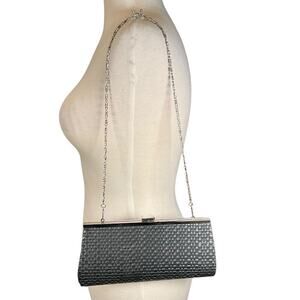 Vintage Black Woven Clutch Silver Chain Evening Bag Cocktail Purse Hard Frame